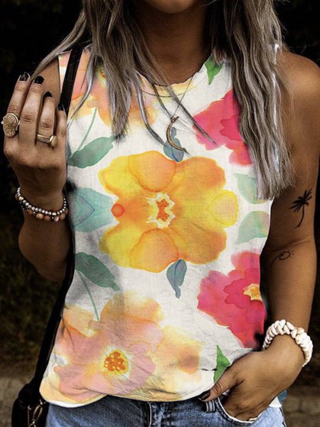 

Casual Round Neck Floral Tank, Multicolor, Tank Top