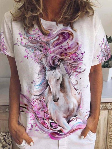 

Casual Simple Horse Print Crew Neck Short Sleeve T-Shirt, As picture, T-shirts