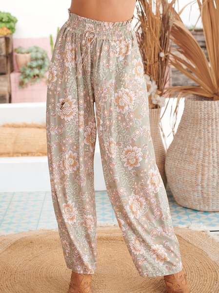 

Boho Vacation Tribal Floral Long Pants, Multicolor, Pants