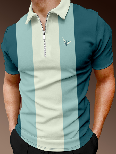 

Casual Art Collection Striped Geometric Lapel Short Sleeve Polo Print Top, Green, Men's t-shirts