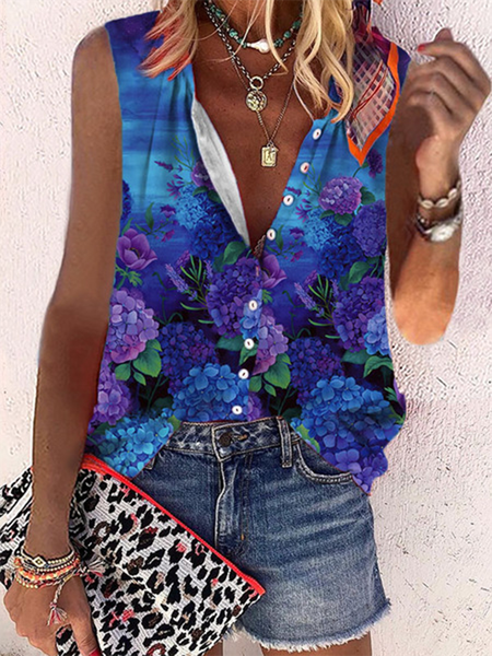 

Casual V Neck Floral Sleeveless Blouse, As picture, Blouses & Shirts