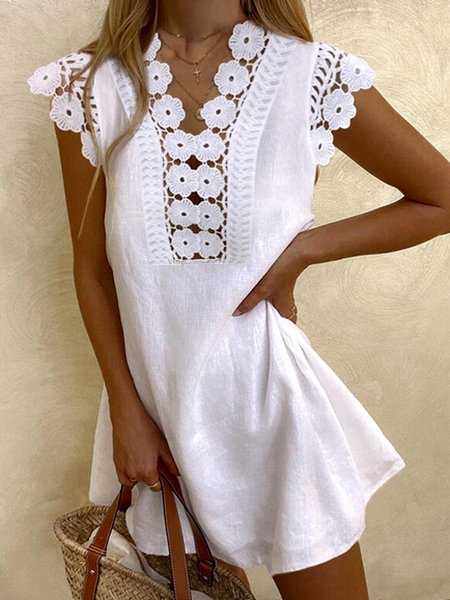 

Cotton Blends Casual Loosen Short Sleeve Woven Dress, White, Mini Dresses
