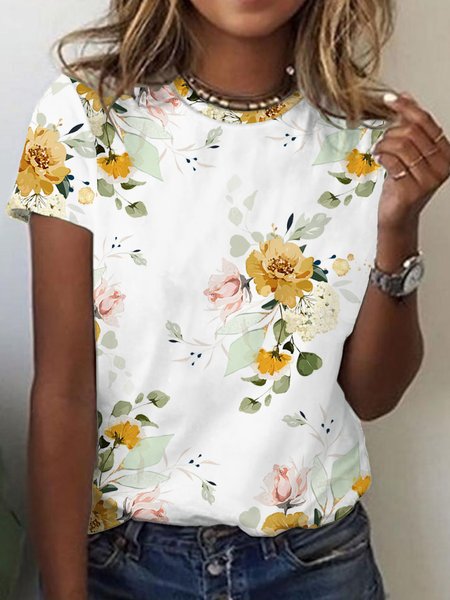 

Crew Neck Floral Loosen Short Sleeve T-Shirt, White, T-Shirts