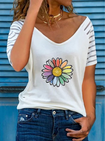 

Casual Floral V neck Short Sleeve Loosen T-Shirt, White, T-Shirts