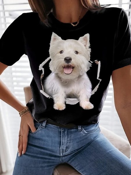 

Casual Dog Short Sleeve Round Neck Plus Size Printed Tops T-shirts, Black, T-Shirts