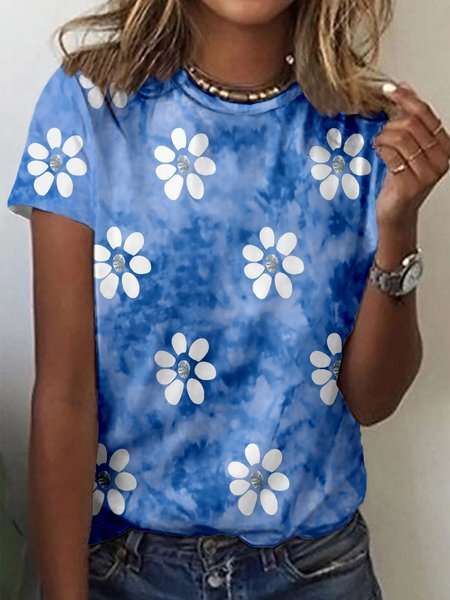 

Floral Crew Neck Short Sleeve Plus Size Casual T-Shirt, Blue, T-Shirts