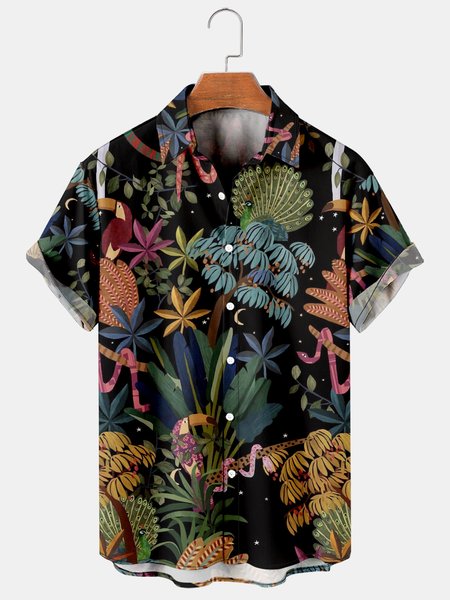 

Mens Tropical Leaves Print Lapel Loose Short Sleeve Funky Aloha Shirts, Black, Men's Floral shirt