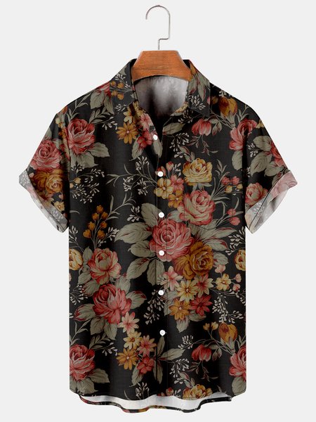 

Men's Retro Casual Breathable Short Sleeve Hawaiian Shirt with Chest Pocket, Black, Men's Floral shirt