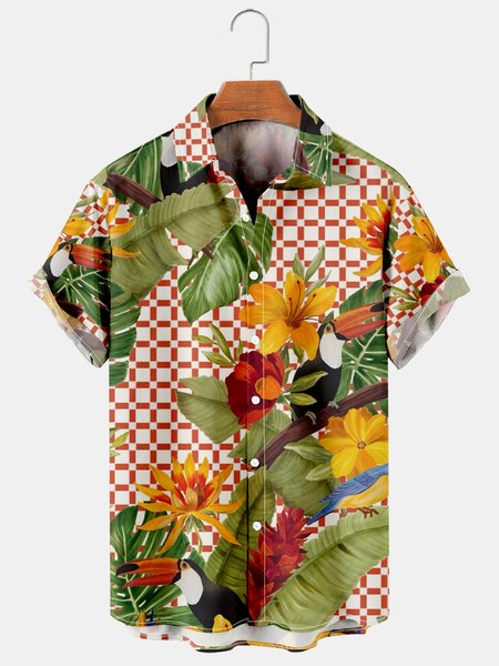 

Mens Hawaiian Tropical Leaves Print Lapel Loose Short Sleeve Funky Aloha Shirts, Red, Men's Floral shirt