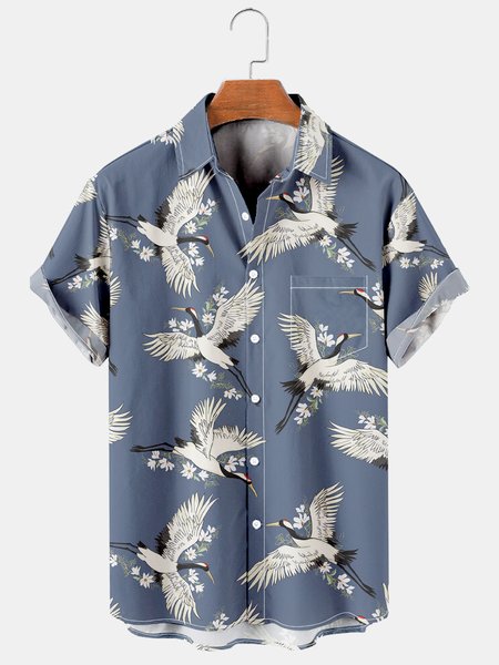 

Men's Retro Casual Breathable Short Sleeve Hawaiian Shirt with Chest Pocket, Grey-blue, Men's Floral shirt