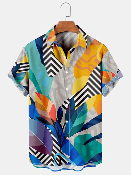

Mens Hawaiian Leaves Print Lapel Loose Short Sleeve Funky Aloha Shirts, Green, Men's Floral shirt