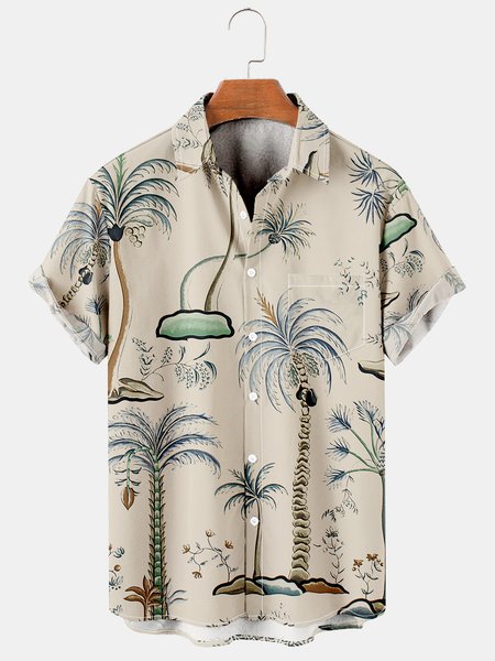 

Men's Botanical Print Casual Breathable Short Sleeve Hawaiian Shirt, Light khaki, Men's Floral shirt