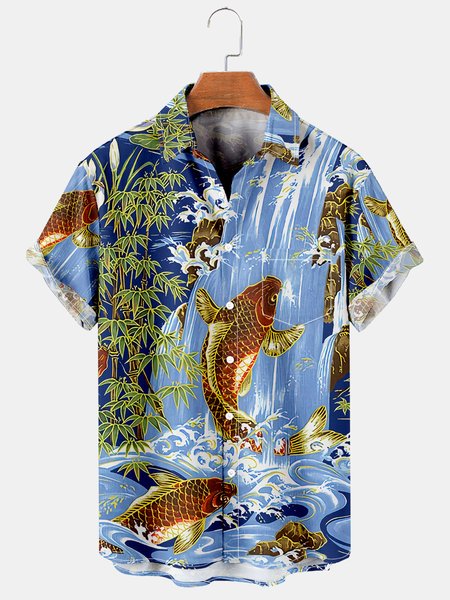 

Men's Retro Casual Breathable Short Sleeve Hawaiian Shirt with Chest Pocket, Blue, Men's Floral shirt