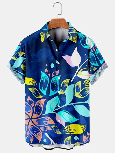

Mens Hawaiian Floral Leaves Print Lapel Loose Short Sleeve Funky Aloha Shirts, Blue, Men's Floral shirt