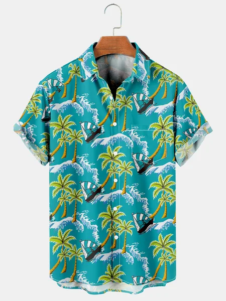 

Men's Coconut Print Casual Short Sleeve Hawaiian Shirt, Green, Men's Floral shirt