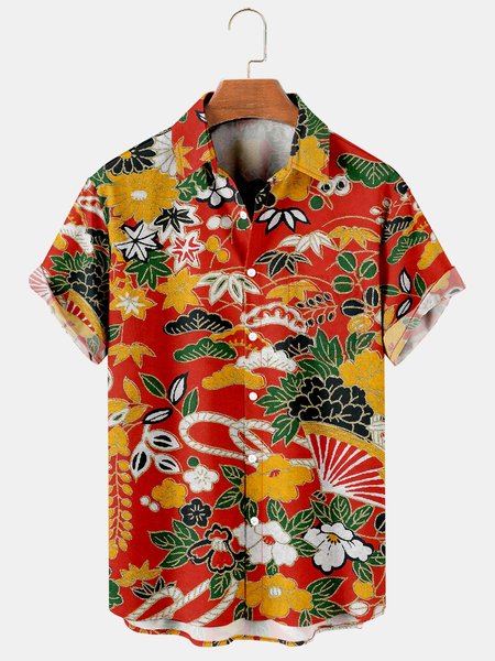 

Men's Vintage Pattern Print Casual Breathable Short Sleeve Hawaiian Shirt, Red, Men's Floral shirt