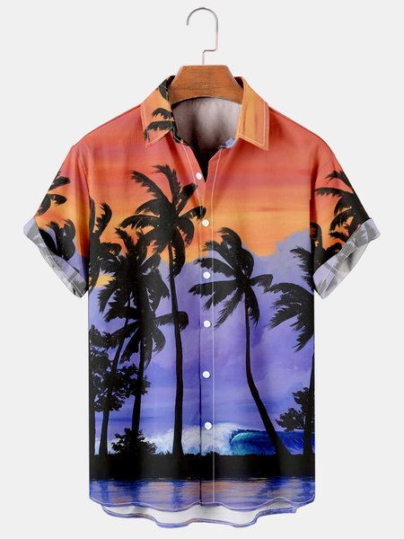 

Mens Coconut Tree Print Lapel Loose Short Sleeve Funky Aloha Shirts, Purple, Men's Floral shirt