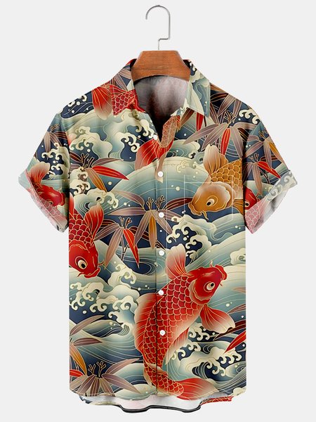 

Mens Koi Fish Vintage Print Casual Short Sleeve Shirt Hawaiian Shirt, Red, Short Sleeve Shirts
