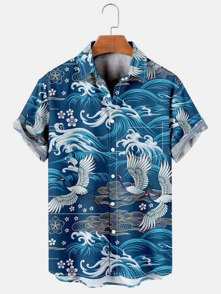

Men's Retro Casual Breathable Short Sleeve Hawaiian Shirt with Chest Pocket, Blue, Men's Floral shirt