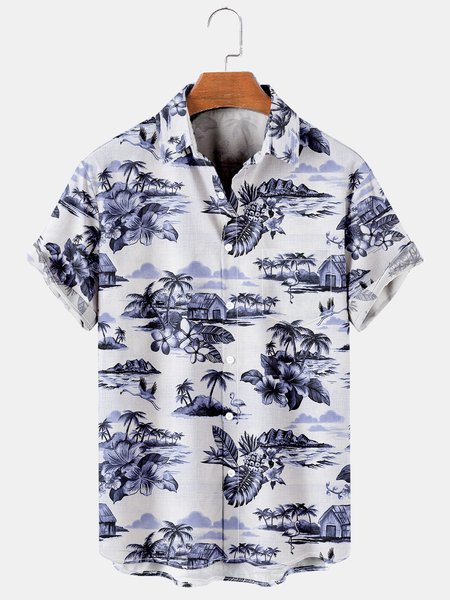 

Men's Coconut Print Casual Short Sleeve Hawaiian Shirt, White, Men's Floral shirt