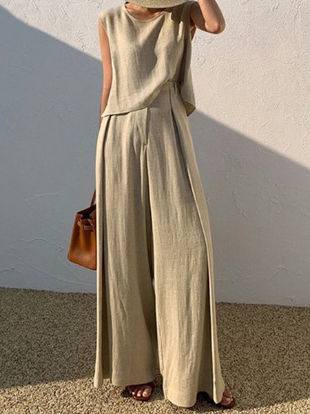 

Casual Solid Crew Neck Top With Pants Sets, Light khaki, Pants Set