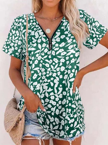

Casual V Neck Short Sleeve Tops, Green, Tunics