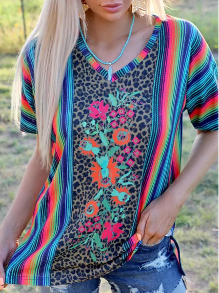 

V Neck Floral Loosen Short Sleeve Tops, Multicolor, T-Shirts