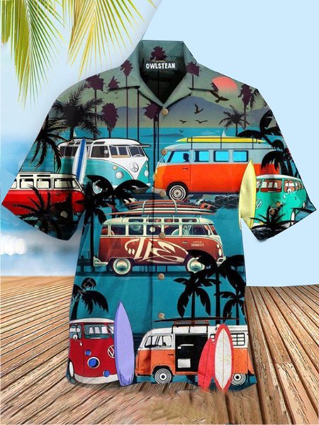 

Men's Coconut Tree Print Casual Vacation Short Sleeve Hawaiian Shirt, Blue, Men's Floral shirt