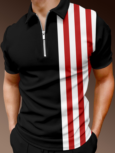 

Casual Art Collection Striped Geometric Lapel Short Sleeve Polo Print Top, Black, Men's t-shirts