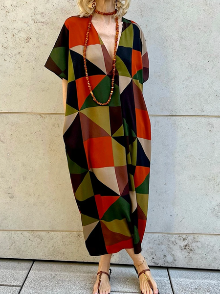 

V neck Geometric Casual Short Sleeve Woven Dress, Multicolor, Maxi Dresses