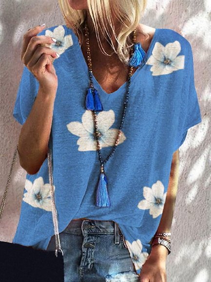 

Floral V Neck Short Sleeve Plus Size Casual T-Shirt, Blue, T-Shirts