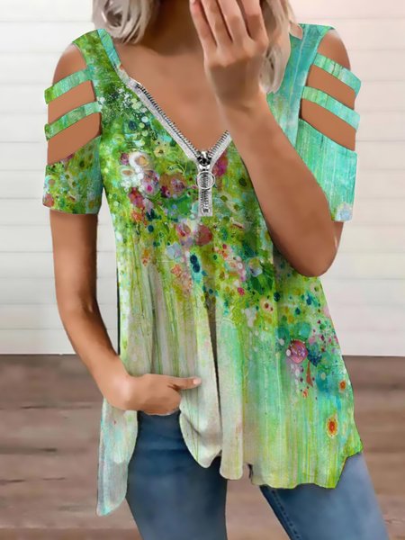 

Casual Abstract Gradient Print V-Neck Short Sleeve Top, Green, Blouses