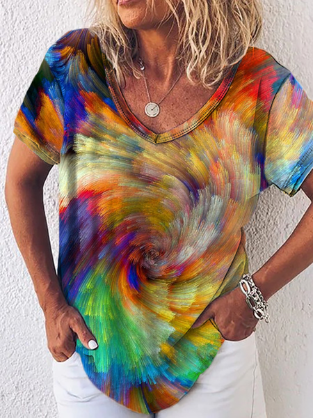 

Plus size V Neck Multicolor Abstract Printed Short Sleeve T-Shirt, T-Shirts