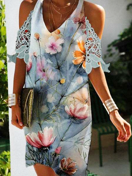 

Tie-Dye Gradient Floral Print Lace Sleeves Casual Resort Dress Floral Loosen Short Sleeve Woven Dress, Blue, Dresses