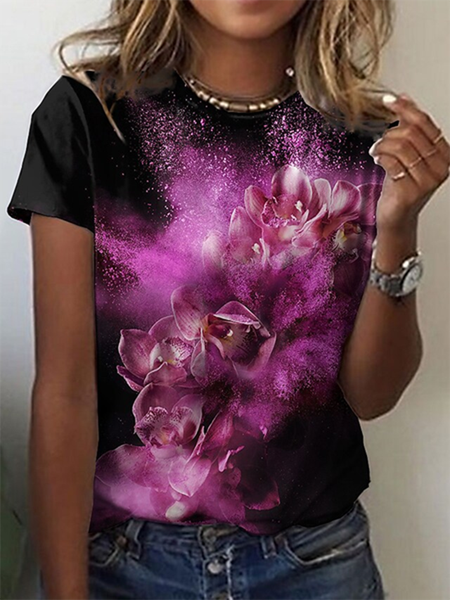 

Floral Crew Neck Casual Short Sleeve T-Shirt, As picture, T-Shirts