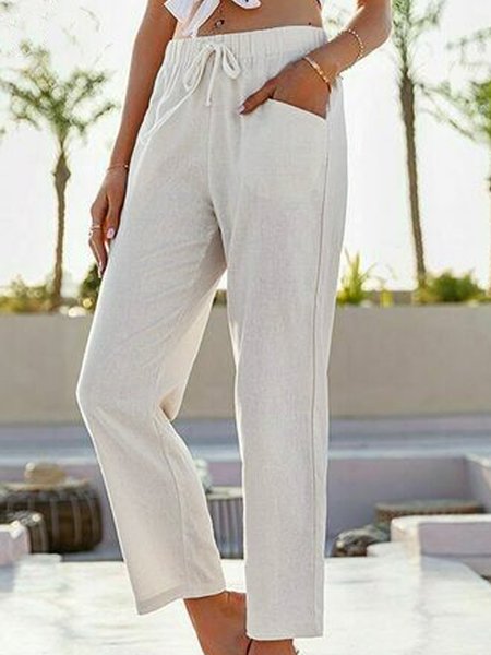

Casual Cotton Solid Pockets Loosen Ninth Pants, White, Pants