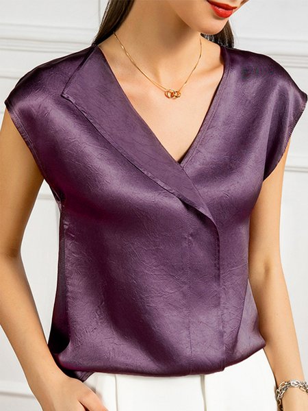 

Elegant Regular Fit Solid Cap Sleeve Top, Gray purple, Blouses and Shirts