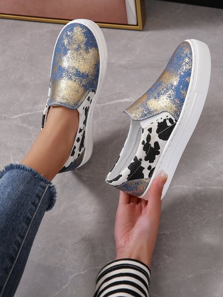 

Cow Pattern Gold Foil Panel Casual Flats, As picture, Flats