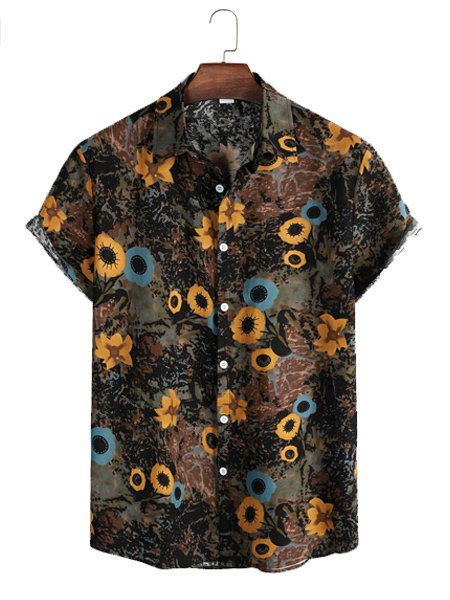 

Men's Vintage Plant Fit Short Sleeve Shirts, Black, Men's Floral shirt