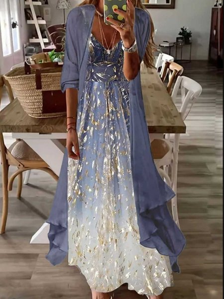 

Holiday foundation elegant gradient suspender Dress Chiffon two-piece set long Plus Size, Multicolor, Suit Set