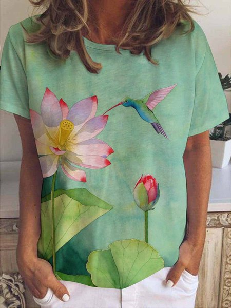 

Casual Simple Lotus Bird Print Short Sleeve T-Shirt, Green, T-shirts