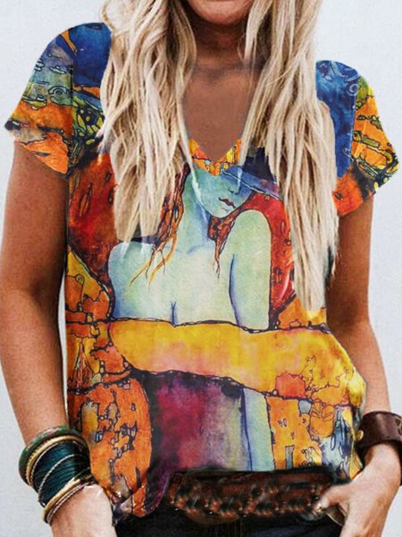 

Vintage V Neck Short Sleeve T-Shirt, Multicolor, T-Shirts