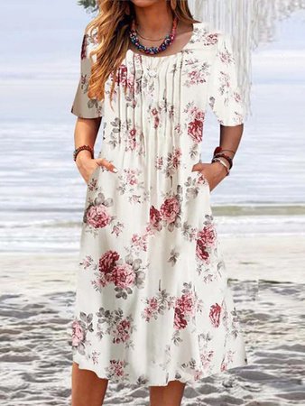

Vacation Floral Short Sleeve Woven Dress, Multicolor, Dresses