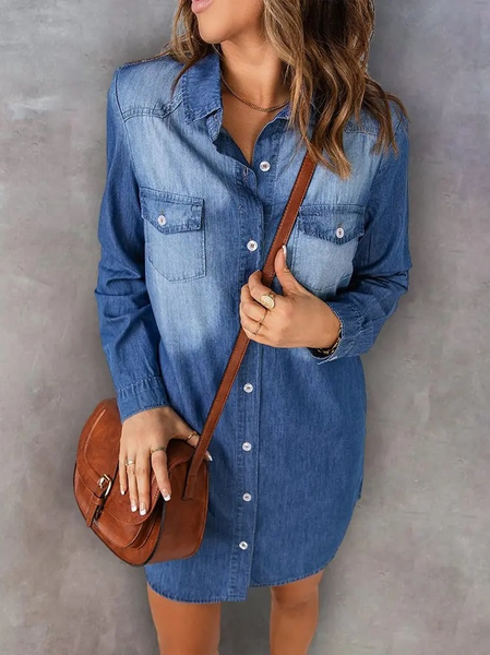 

A-line Casual Plain Shirt Collar Long Sleeve Woven Dress, Blue, Dresses