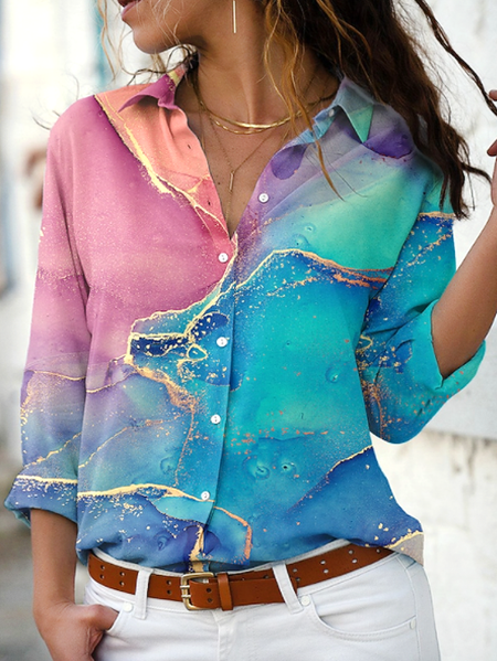 

Pink Blue Gradient Water Ripple Print Shirt Collar Shirt Ombre Shirt Collar Long Sleeve Blouse, Shirts & Blouses
