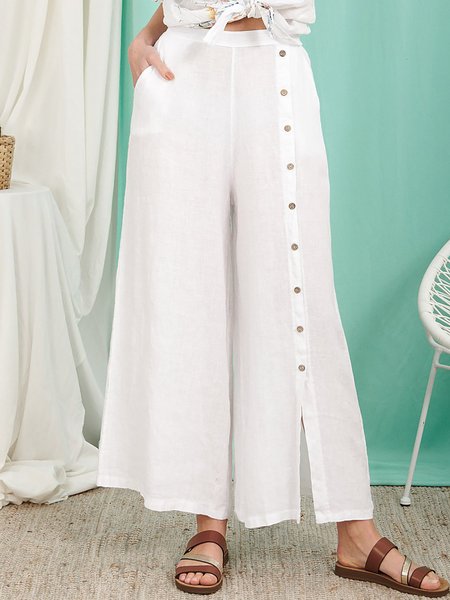 

White Button-Accent Cotton Blends Linen Vacation Casual Pants, Pants