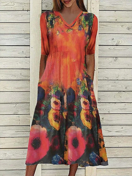 Floral V Neck Half sleeve Casual Dress, As picture, Midi Dresses