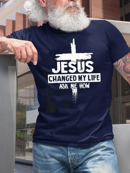 

Jesus Changed My Life Ask Me How Crew Neck Casual T-Shirt, Purplish blue, T-shirts