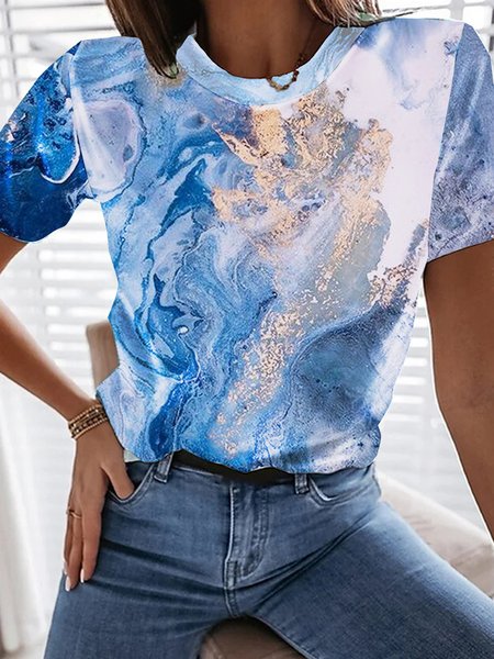 

Crew Neck Casual Short Sleeve T-Shirt, Blue, T-Shirts