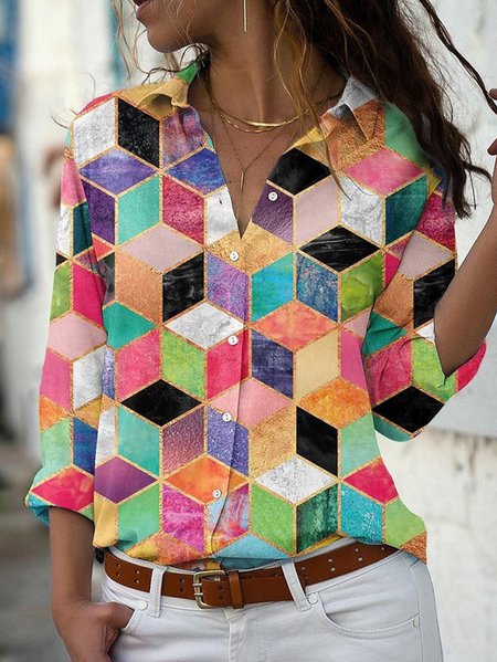 

Shirt Collar Geometric Casual Long Sleeve Blouse, Multicolor, Blouses & Shirts